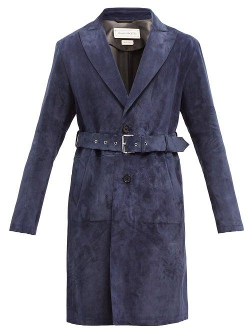 Alexander Mcqueen - Single-breasted Belted Suede Coat - Mens - Navy