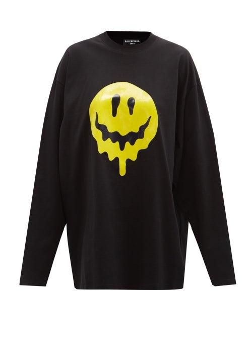 Matchesfashion.com Balenciaga - Smiley-print Cotton-jersey Long-sleeved T-shirt - Womens - Black Yellow