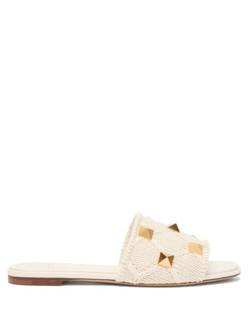 Matchesfashion.com Valentino Garavani - Roman Stud Knitted-strap Leather Slides - Womens - Cream Multi