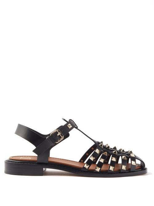 Valentino Garavani - Rockstud Caged Leather Flat Sandals - Womens - Black