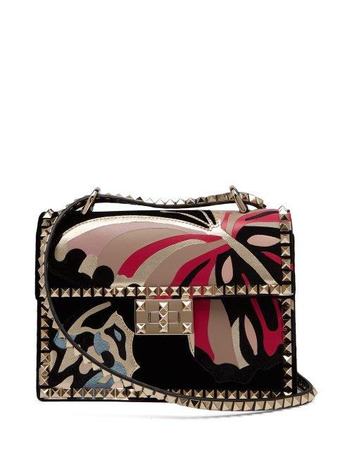 Matchesfashion.com Valentino - Rockstud Butterfly Appliqu Velvet Cross Body Bag - Womens - Black Multi