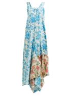 Matchesfashion.com By Walid - Manal Floral Print Raw Silk Midi Dress - Womens - Blue Multi
