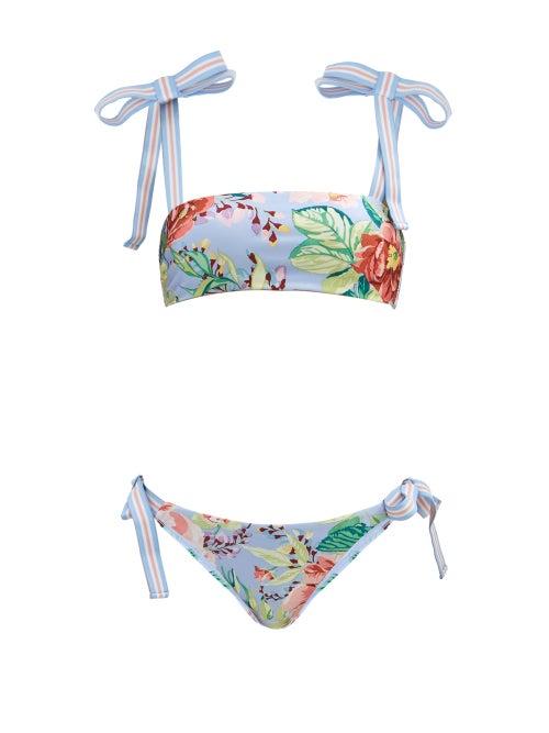 Matchesfashion.com Zimmermann - Bellitude Stripe-tie Floral-print Bikini - Womens - Blue Print