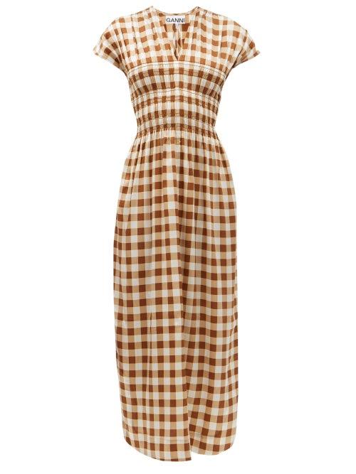 Matchesfashion.com Ganni - Shirred Gingham Silk-blend Crepe Dress - Womens - Brown Multi