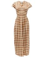 Matchesfashion.com Ganni - Shirred Gingham Silk-blend Crepe Dress - Womens - Brown Multi