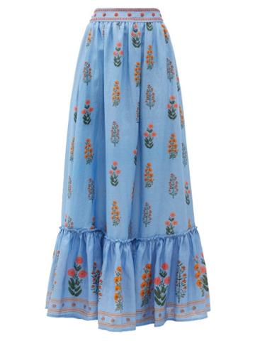 Matchesfashion.com Agua By Agua Bendita - Algodon Floral-embroidered Linen Maxi Skirt - Womens - Blue Multi