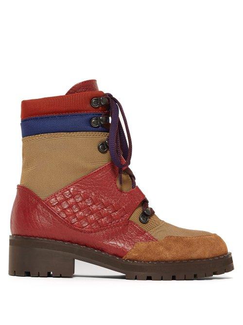 Matchesfashion.com Bottega Veneta - Intrecciato Lace Up Leather Boots - Womens - Khaki Multi