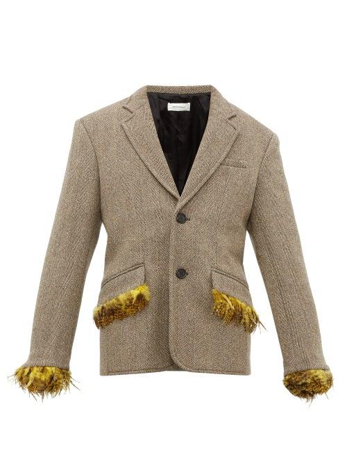 Matchesfashion.com Wales Bonner - Feather Trimmed Single Breasted Herringbone Jacket - Mens - Brown