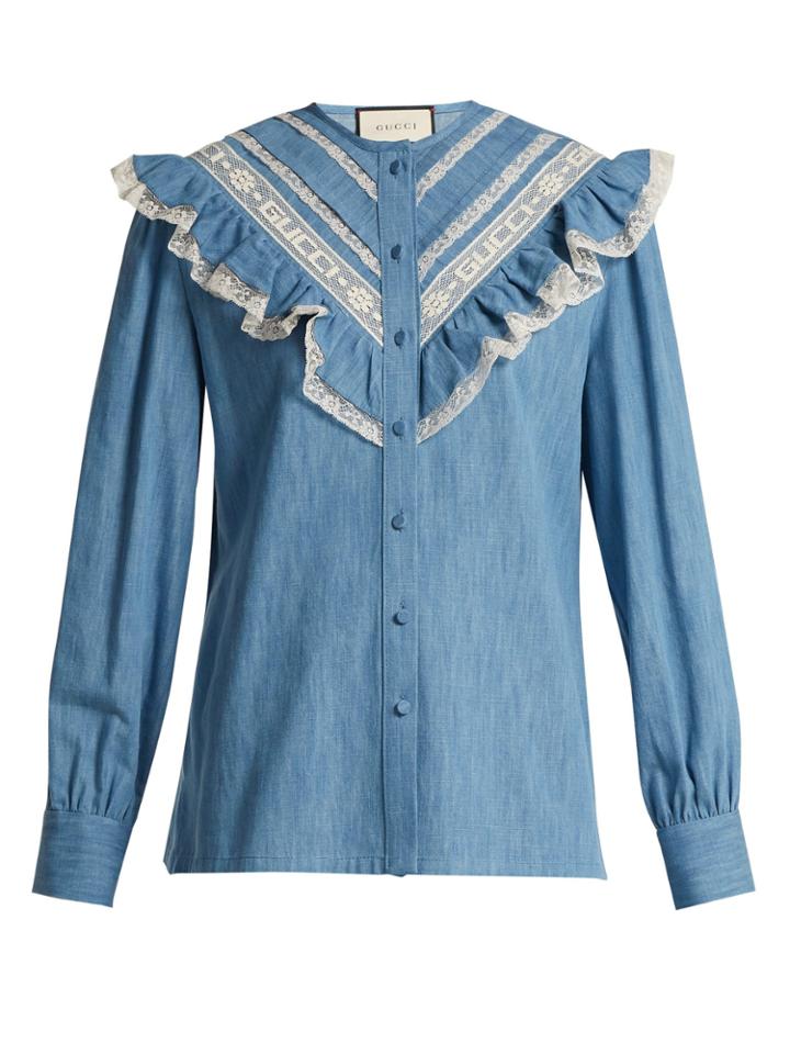 Gucci Lace-trimmed Ruffle Cotton-chambray Blouse