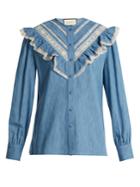 Gucci Lace-trimmed Ruffle Cotton-chambray Blouse