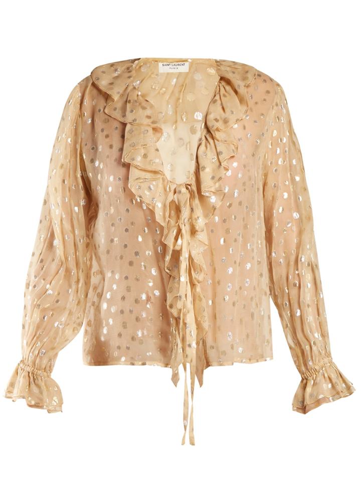 Saint Laurent Dot Fil Coup V-neck Ruffle-trimmed Blouse