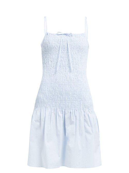 Matchesfashion.com Solid & Striped - Smocked Cotton Poplin Dress - Womens - Light Blue