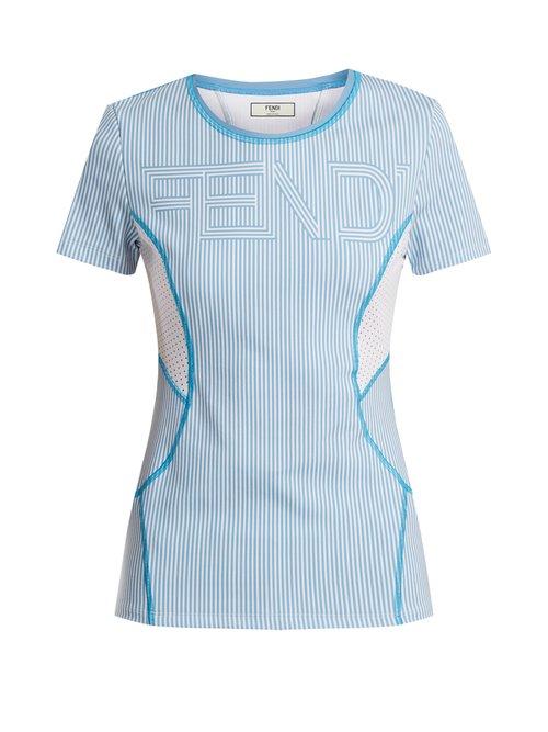 Matchesfashion.com Fendi - Logo Print Striped Performance T Shirt - Womens - Light Blue