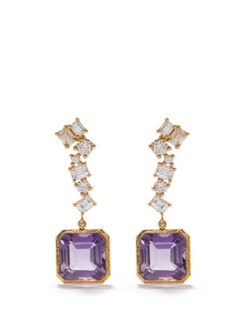 Octavia Elizabeth - Floating Diamond, Amethyst & 18kt Gold Earrings - Womens - Purple Gold