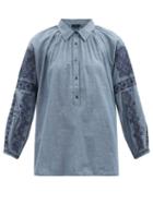 Matchesfashion.com Nili Lotan - Abby Embroidered-sleeve Cotton-chambray Blouse - Womens - Blue