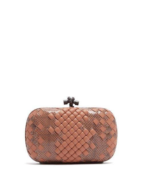 Matchesfashion.com Bottega Veneta - Knot Satin And Watersnake Clutch - Womens - Nude