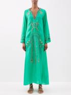 Muzungu Sisters - India Hand-embroidered Silk-crepe Kaftan - Womens - Green Multi