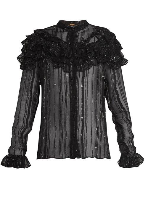 Matchesfashion.com Dodo Bar Or - Suzie Ruffle Trimmed Sheer Striped Chiffon Blouse - Womens - Black Silver