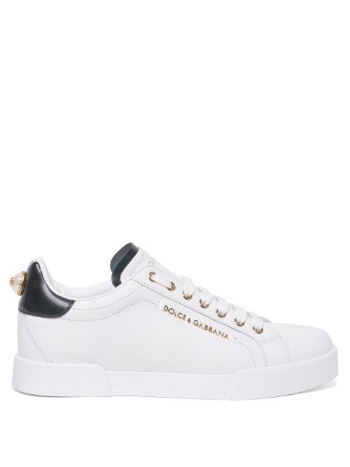 Matchesfashion.com Dolce & Gabbana - Logo-plaque & Faux-pearl Leather Trainers - Womens - White Black