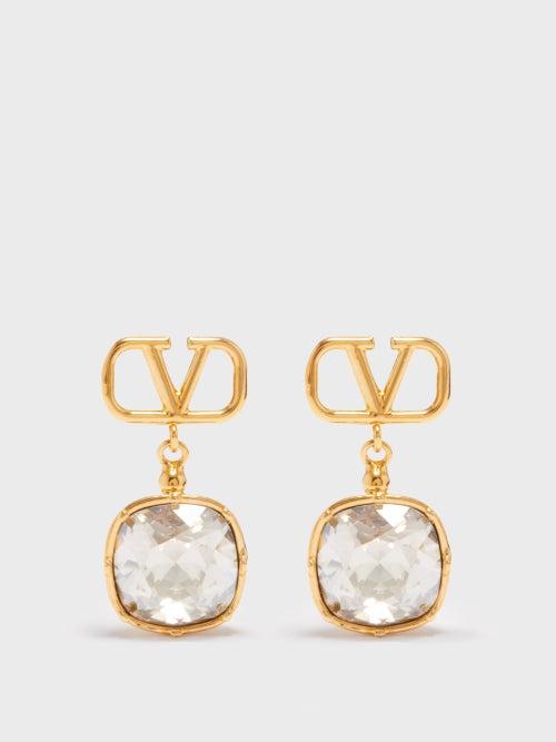 Valentino Garavani - V Logo Crystal Drop Earrings - Womens - Crystal