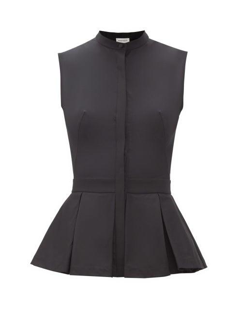 Matchesfashion.com Alexander Mcqueen - Pleated Peplum-hem Cotton-poplin Top - Womens - Black