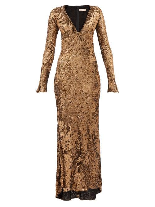 Matchesfashion.com Maria Lucia Hohan - Ailish Plunge Neckline Sequin Gown - Womens - Bronze