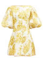 Zimmermann - Puff-sleeve Pineapple-print Linen Mini Dress - Womens - Cream Gold