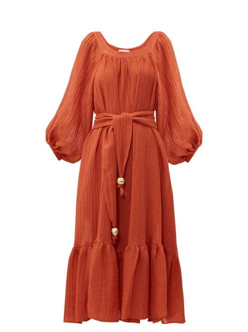 Matchesfashion.com Lisa Marie Fernandez - Laurie Gathered Linen Gauze Midi Dress - Womens - Red
