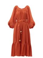 Matchesfashion.com Lisa Marie Fernandez - Laurie Gathered Linen Gauze Midi Dress - Womens - Red
