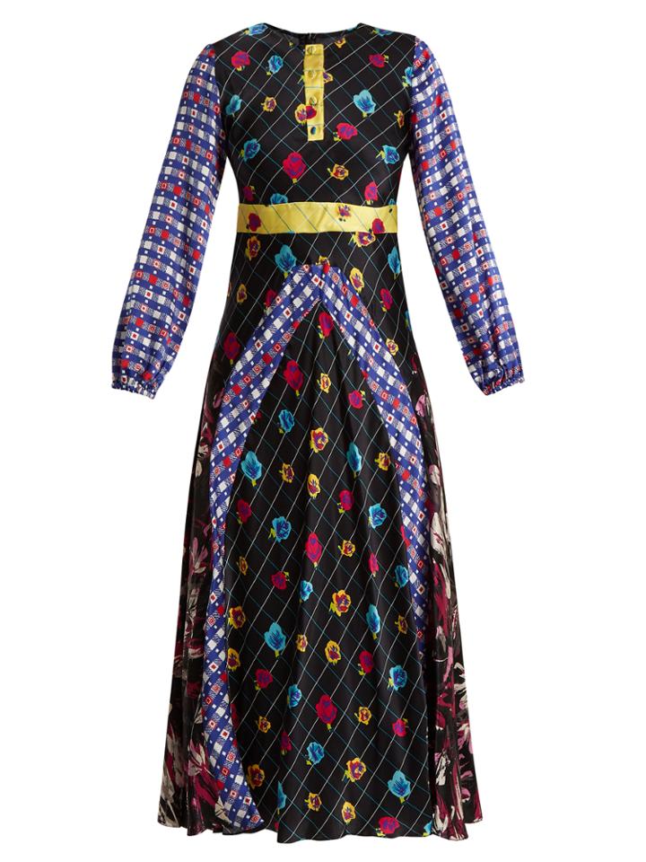 Duro Olowu Contrast-panel Floral And Check-print Satin Dress