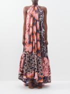 Biyan - Galeo Patchwork-print Halterneck Silk-twill Gown - Womens - Multi