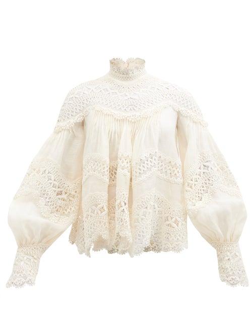 Zimmermann - Postcard Macram-lace Embroidered-voile Top - Womens - Cream