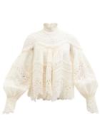 Zimmermann - Postcard Macram-lace Embroidered-voile Top - Womens - Cream