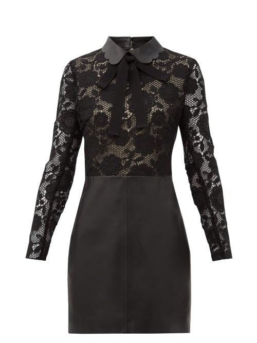Matchesfashion.com Redvalentino - Pussy-bow Lace And Leather Mini Dress - Womens - Black