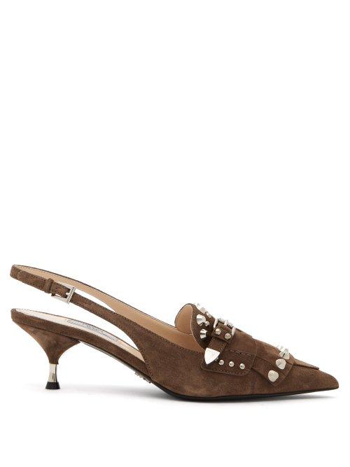 Matchesfashion.com Prada - Studded Fringe Suede Slingback Pumps - Womens - Brown