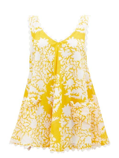 Juliet Dunn - Plunge-back Floral-print Cotton-voile Mini Dress - Womens - Yellow Print