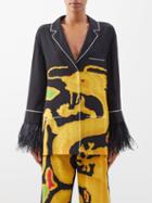 Valentino - Feather-trim Dragon-print Silk Blouse - Womens - Black Multi