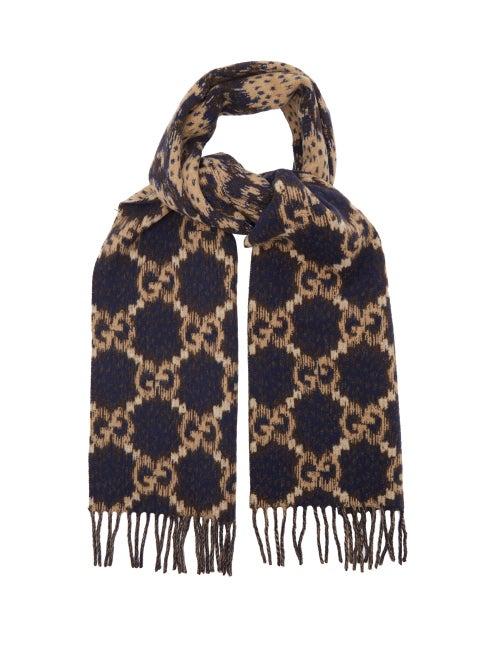 Matchesfashion.com Gucci - Gg-jacquard Fringed Wool Scarf - Mens - Blue