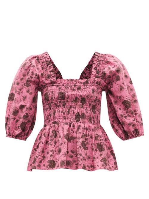 Ladies Rtw Ganni - Shirred Rose-print Organic-cotton Blouse - Womens - Pink