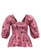 Ladies Rtw Ganni - Shirred Rose-print Organic-cotton Blouse - Womens - Pink