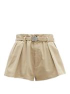 Matchesfashion.com Miu Miu - Pleated High Cut Cotton Blend Twill Shorts - Womens - Beige