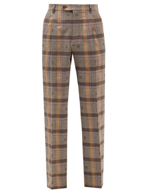 Gucci - Monogram-jacquard Check Wool-twill Suit Trousers - Mens - Brown Multi