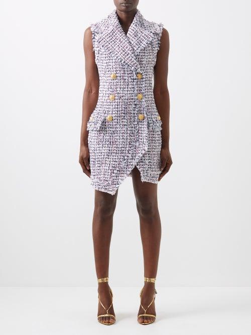 Balmain - Asymmetric Cotton-blend Tweed Mini Dress - Womens - Red Multi