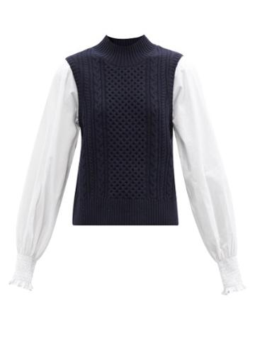 Ladies Rtw Sea - Melanie Wool And Cotton-poplin Blouse Sweater - Womens - Navy