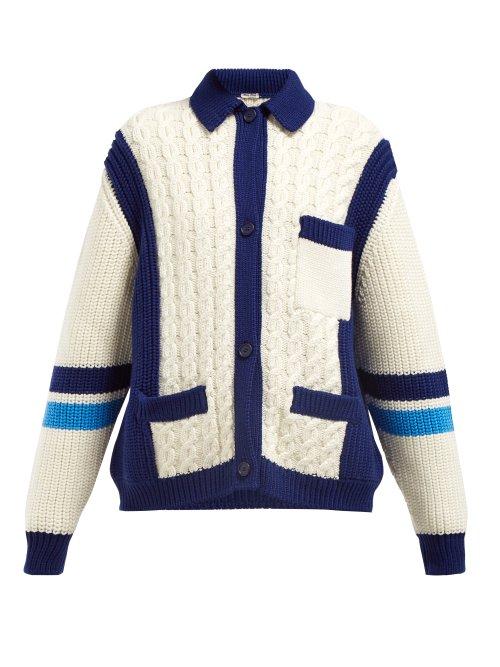 Matchesfashion.com Miu Miu - Intarsia Stripe And Cable Knit Wool Cardigan - Womens - Ivory Multi
