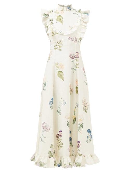 Ale Mais - Jules Floral-print Hemp-poplin Midi Dress - Womens - White Print