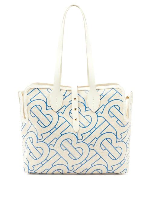 Matchesfashion.com Burberry - Tb-print Leather-trimmed Cotton Tote Bag - Womens - Blue Multi