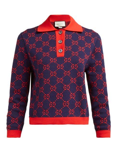 Matchesfashion.com Gucci - Gg Jacquard Cotton Polo Sweater - Womens - Navy Multi