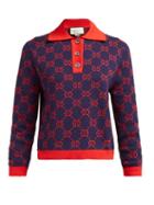 Matchesfashion.com Gucci - Gg Jacquard Cotton Polo Sweater - Womens - Navy Multi