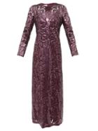Valentino - Floral-sequinned Tulle Midi Dress - Womens - Burgundy
